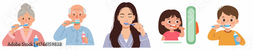 Cartoon Illustration of Family Member Brushing Teeth for Daily Routine Hygiene