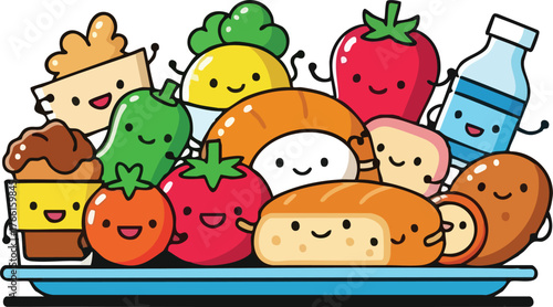 Cute Cartoon Food Characters Gathered Together On A Blue Tray With Various Foods