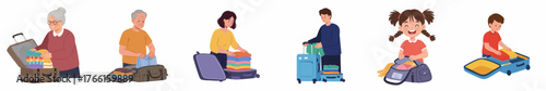 Colorful Flat Style Family Prepare Luggage for Vacation Travel