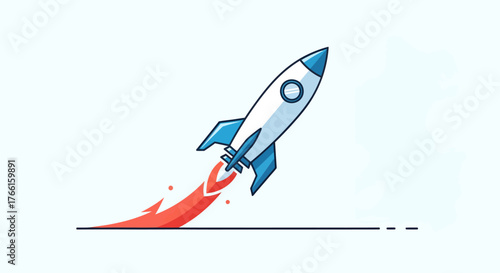 Flat design vector icon of a rocket launching with a flame. Symbolizes fast startup, business growth, project acceleration, and rapid progress. Clean graphic for speed, innovation concepts