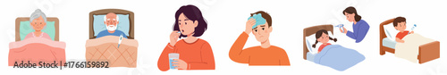 Illustration Set of Diverse People Sick in Bed and Recovering