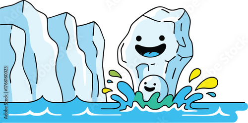 Cute Iceberg Characters Joyfully Playing in Water with Splashes