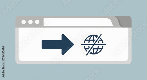 Flat design illustration of a browser window indicating a loss of internet connection. An arrow points to a crossed-out globe icon, symbolizing offline mode, network error, or blocked access