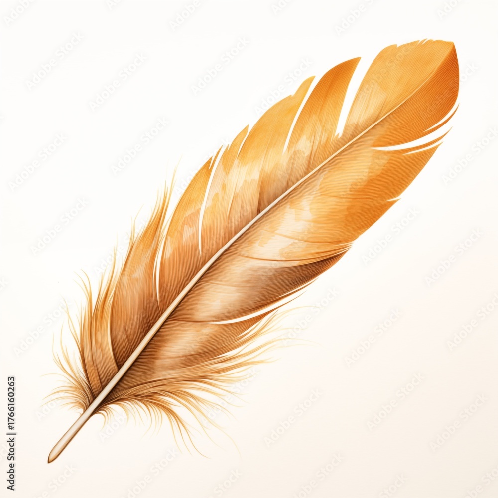Fototapeta premium Single light brown feather isolated on white background