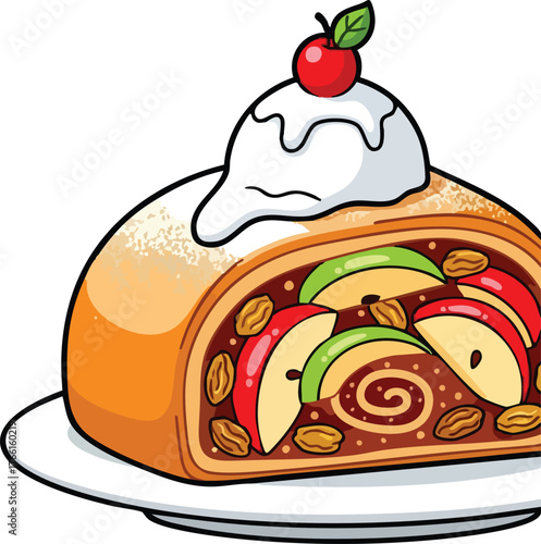 Delicious Apple Strudel Dessert With Whipped Cream And Cherry On Top