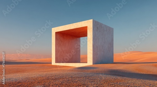 Fototapeta Naklejka Na Ścianę i Meble -  A minimalist concrete cube stands in the middle of a vast, empty desert landscape, with a clear blue sky above and sand dunes in the background.