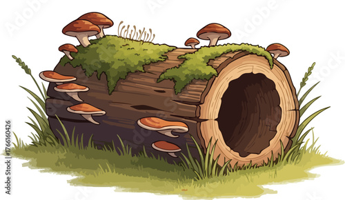 Illustrated Hollow Log with Moss and Mushrooms on Grass.