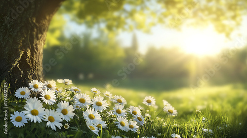 Wallpaper Mural Peaceful field of white daisies with yellow centers grows beside large tree trunk, bathed in warm sunlight and surrounded by lush green grass and soft focus foliage Torontodigital.ca