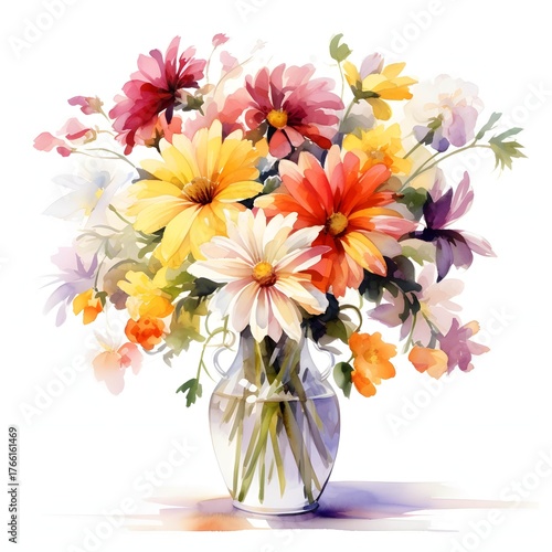 Vibrant watercolor painting of a flower bouquet in a glass vase