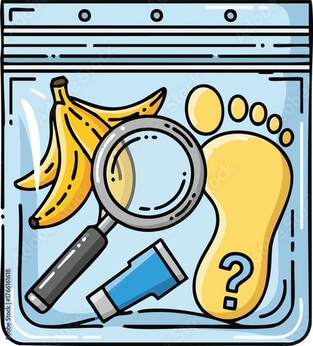 Forensic investigation bag with bananas footprint magnifying glass and evidence marker and question mark