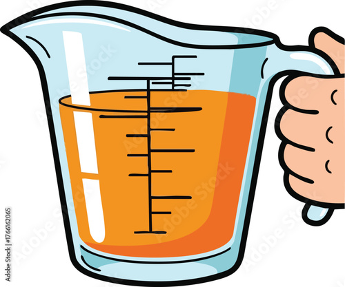 Hand Holding Glass Measuring Cup With Orange Liquid And Black Markings