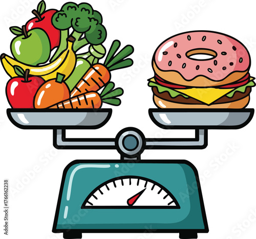Healthy Diet Versus Junk Food on a Scale Representing Balanced Nutrition Choices