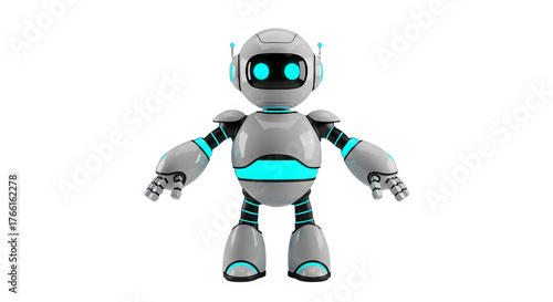 Friendly Silver Robot Character Standing with Open Arms - Futuristic Mascot for Technology Innovation and Artificial Intelligence Concepts in a Clean Studio Set