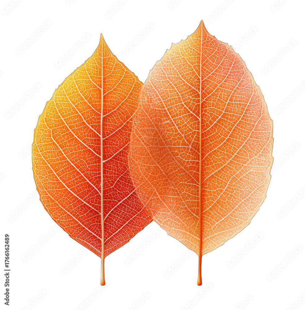 Obraz premium Two autumn leaves with distinct veins and warm orange-yellow hues, showcasing natural beauty and texture.