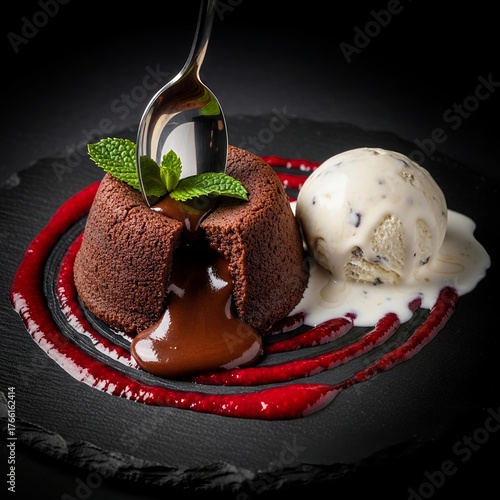 Chocolate Lava Cake Molten Center Flowing Vanilla Ice Cream Fine Dining Photography
