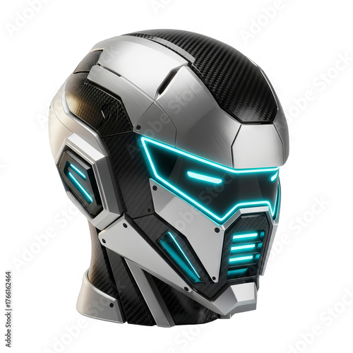 Futuristic Silver Helmet with Neon Blue Lights and Carbon Fiber Accents - Sci-Fi Armor for Cyberpunk Characters Gaming or Technology Concepts