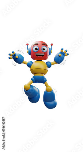 Playful Cartoon Robot Character Jumping with Joy - Happy Animated Mascot for Kids Technology and Futuristic Concepts  Isolated on Black Background