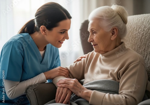 Smiling caregiver provides compassionate support to an elderly woman in a comfortable home setting