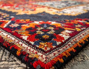 Close-up of intricate, colorful textile with geometric design and detailed borders