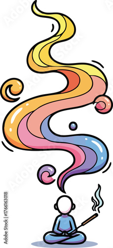 Person meditating generating colorful smoke with incense stick and serene aura