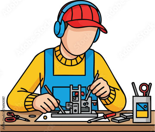 Person Wearing Red Hat Blue Overalls and Yellow Shirt Working on Model With Tools and Headphones