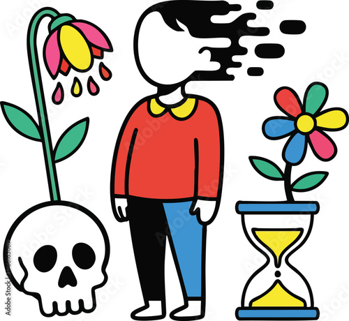 Person with melting face near skull hourglass and flowers representing life and death abstract concept