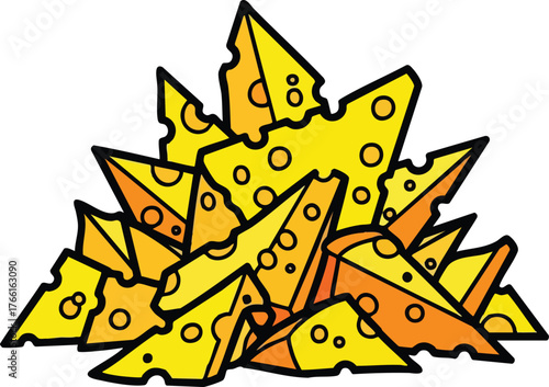 Pile Of Cheese Slices With Many Holes In Yellow And Orange Colors And Black Outline