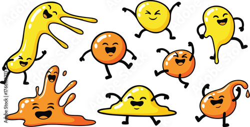 Pixel Art Characters Yellow Orange Amorphous Shapes Dancing Joyfully Isolated White Background