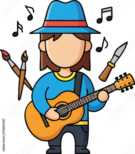 Pixel Art Person Playing Guitar With Paintbrushes And Knife Surrounded By Music Notes