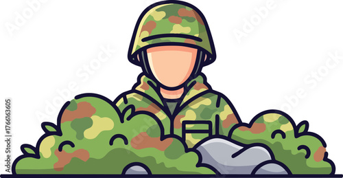 Pixel Art Soldier in Camouflage Hiding Behind Bushes and Rocks During Daytime