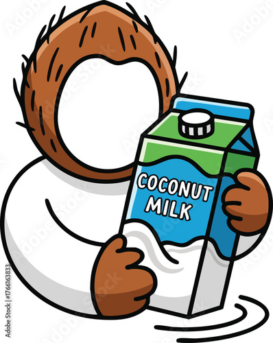 Pixelated brown ape figure holds carton of coconut milk with blue green and white colors and black outline detail