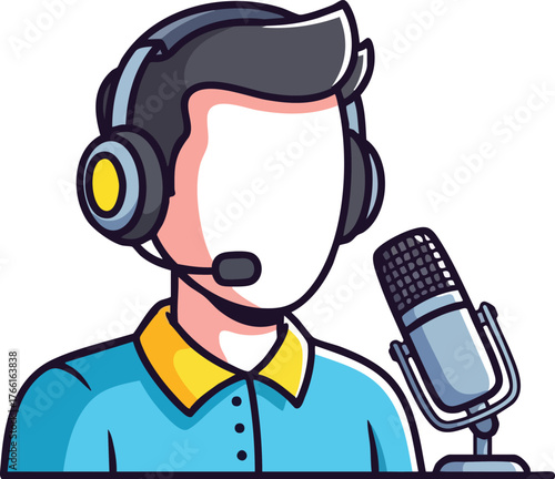 Podcast Host With Headphones And Microphone On Blue Shirt With Yellow Collar