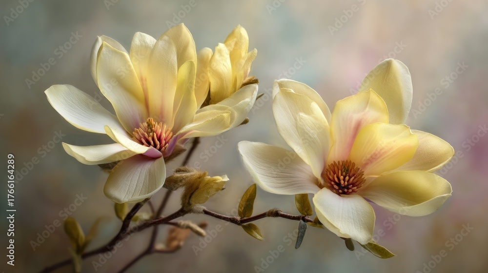 Fototapeta premium Two delicate yellow magnolia flowers with a textured, textured background
