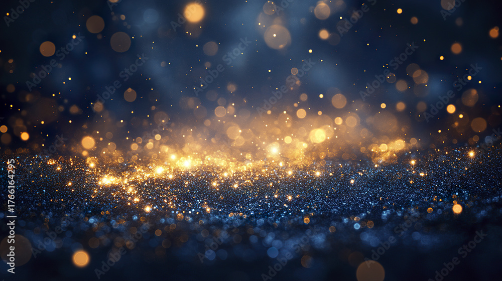 Obraz premium Golden glitter particles sparkle on dark blue background with bokeh light effect, creating magical and festive atmosphere full of glowing bright spots and shimmering texture