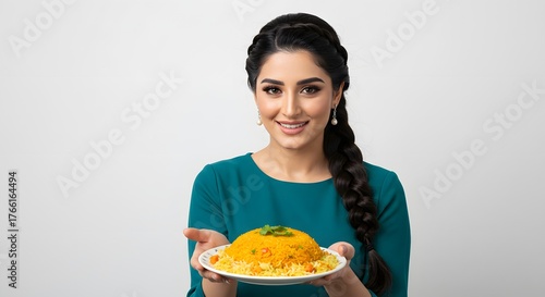 Beautiful Woman Presenting Biryani Rice Dish