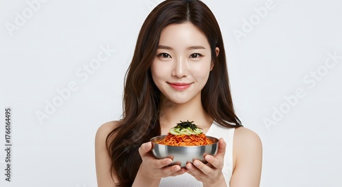 Beautiful Woman Holding Spicy Korean Noodles (Bibim Guksu)