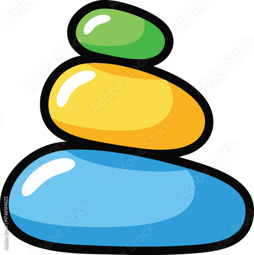 Stack of three smooth colorful stones balanced in perfect zen harmony with green yellow and blue colors