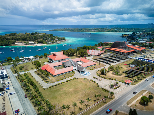 High Angle Aerial of Vanuatu Parliament Building with Distant View of Port Vila Harbour and Iririki Island