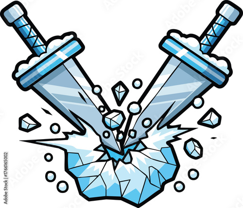 Two Crossed Ice Swords Shattering Ice Formation With Water Splash And Flying Shards