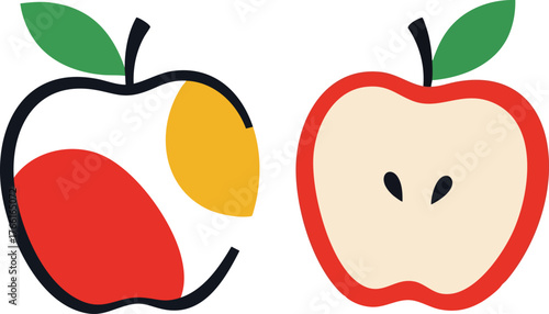 Two stylized apples one whole with abstract red and yellow shapes and one sliced in half showing seeds isolated on white background
