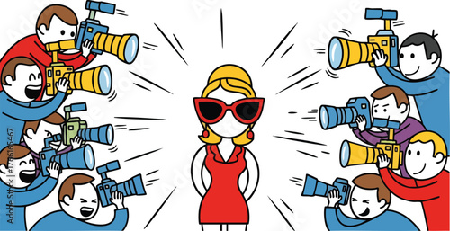 Woman In Red Dress And Sunglasses Surrounded By Photographers Taking Pictures In A White Background