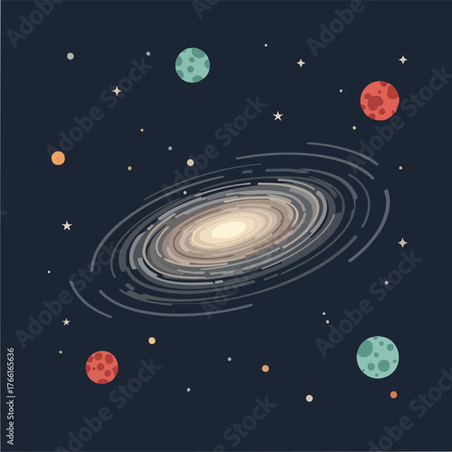 Spiral galaxy in space illustration with planets.