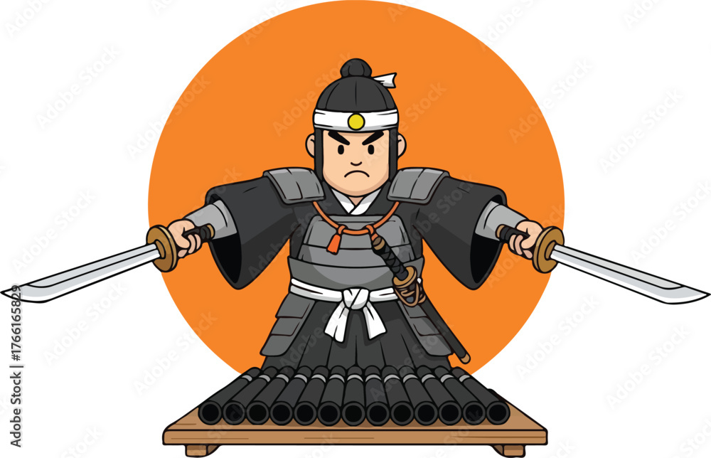 Obraz premium Samurai with swords stands before cannon battery under sun. Suitable for historical themes in designs, presentations, or marketing.
