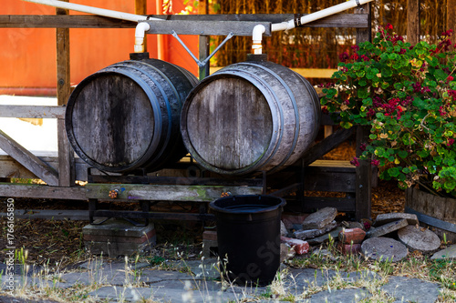 Rain Water Collection System For Garden With Wooden Barrels