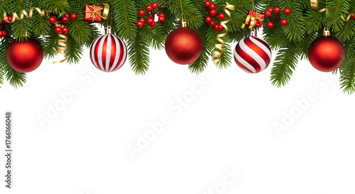 Festive Christmas-themed design, featuring a horizontal strip of greenery, including pine branches adorned with red and white ornaments. No background, transparent png file.
