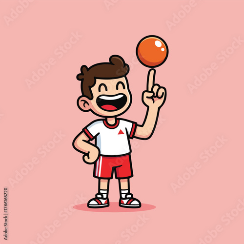 Happy boy balancing ball on finger, showing coordination and joy. Suitable for sports, happiness, childhood concepts in design projects.