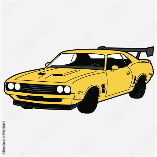 Illustration of a yellow vintage sports car with a large rear spoiler against a clean white background.