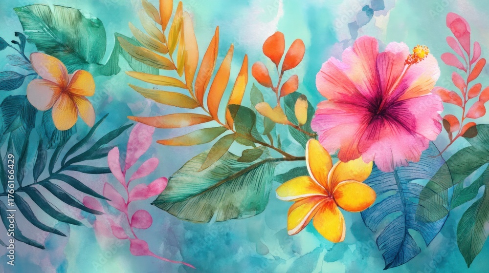 Obraz premium A vibrant tropical floral arrangement with pink, yellow, and orange flowers and green leaves against a teal background.