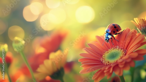 Ladybug on a Gerbera Daisy in a Sunlit Garden