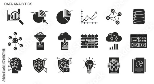 Modern data analytics black glyph icon set for business intelligence and strategy solutions, perfect for presentations and digital marketing materials